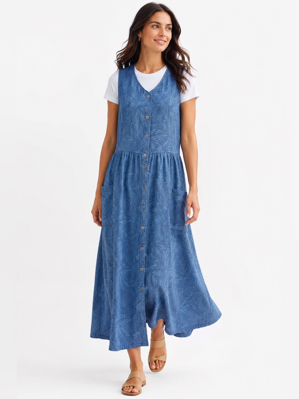 Coastal Grandmother Blue Palm Print Pinafore Maxi Dress Pockets L/XL